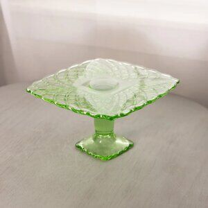Vintage LE Smith Small Square Green Glass Trellis Cake Stand Spring Home Decor